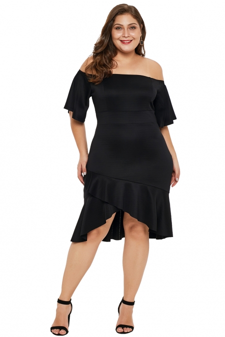 Black Off Shoulder Plus Size Dress with Ruffles