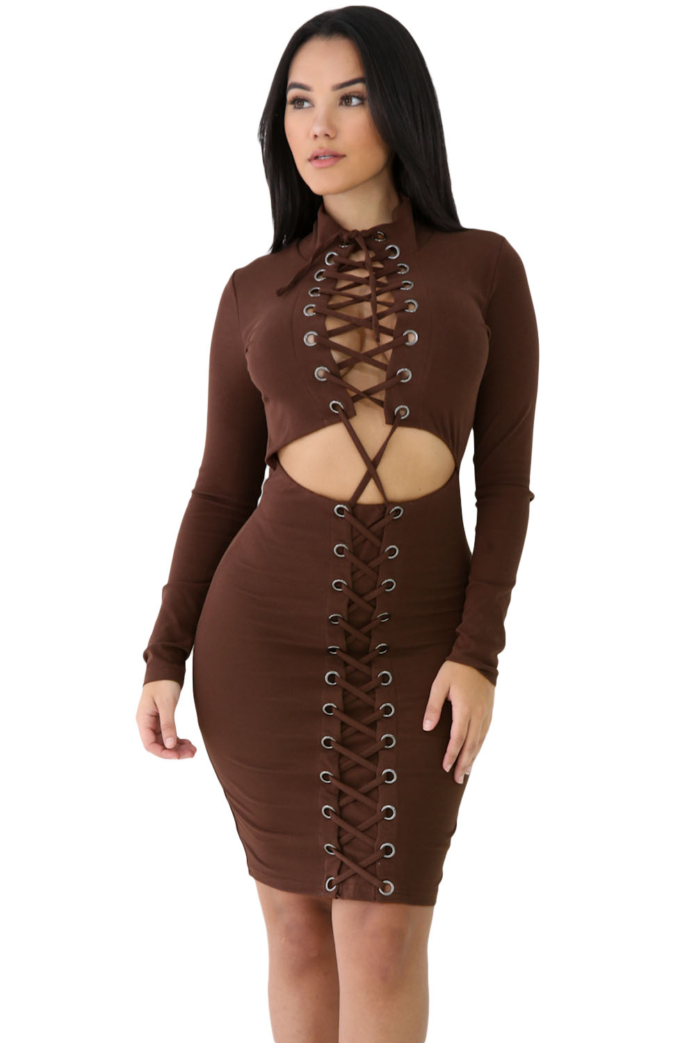 Brown Lace-up Corset Cut Out Long Sleeve Dress