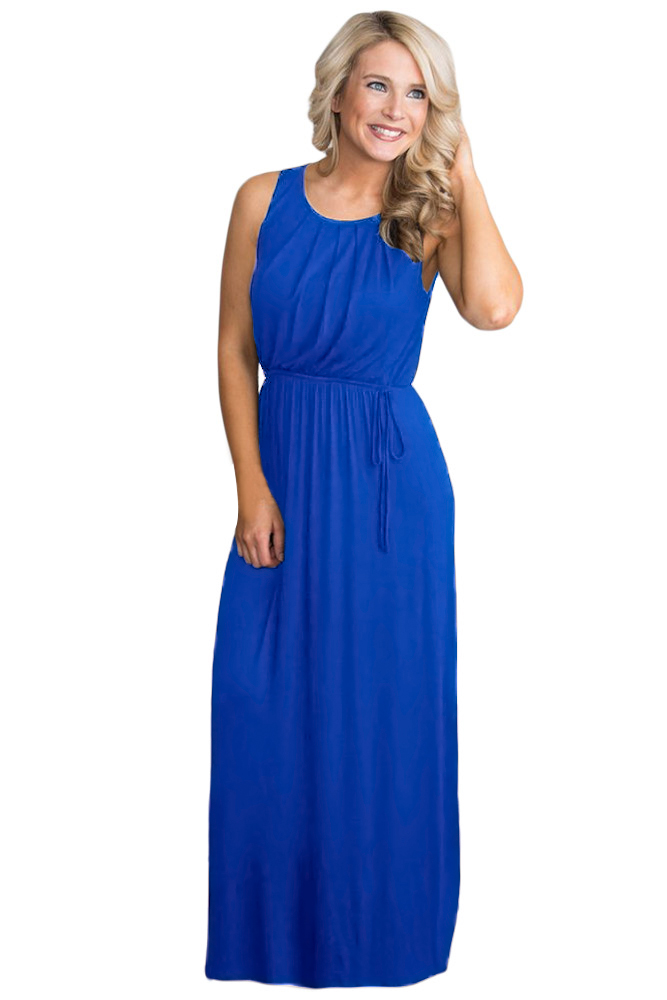 Royal Blue Empire Waist Sleeveless Maxi Jersey Dress