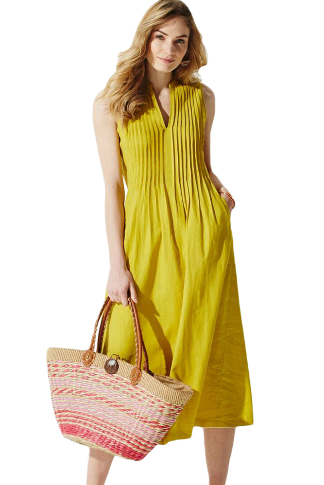Yellow V Neck Pleated Sleeveless Dress