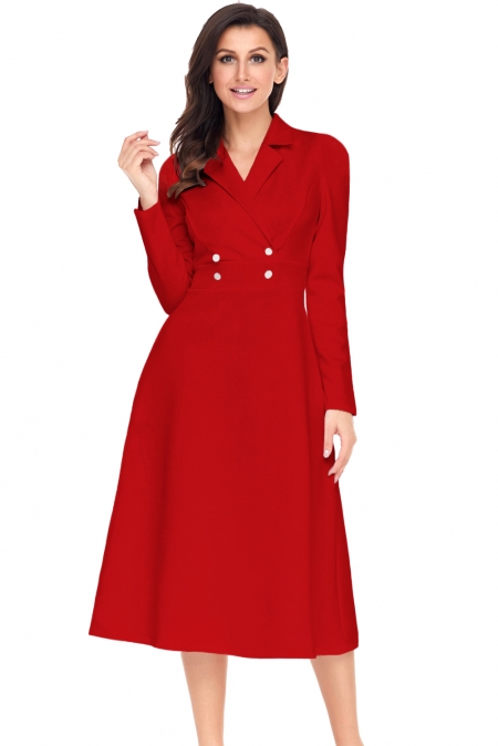 RED VINTAGE BUTTON COLLARED FIT-AND-FLARE DRESS